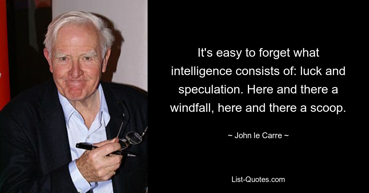 It's easy to forget what intelligence consists of: luck and speculation. Here and there a windfall, here and there a scoop. — © John le Carre