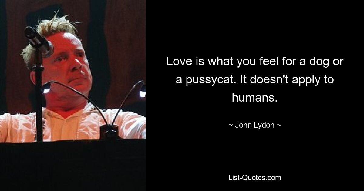 Love is what you feel for a dog or a pussycat. It doesn't apply to humans. — © John Lydon