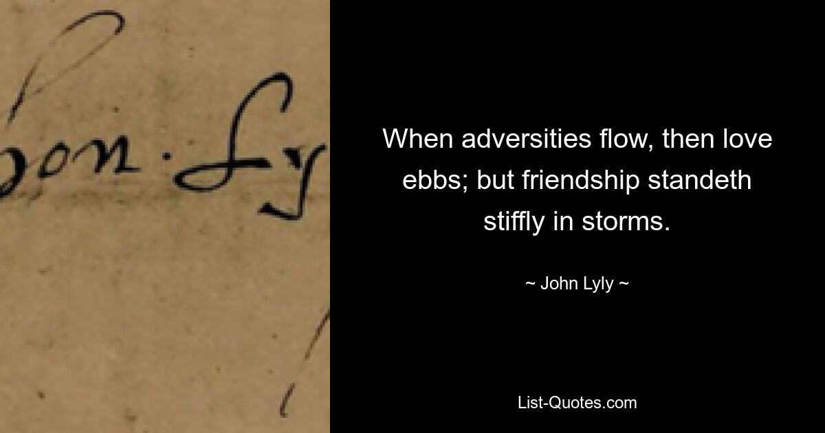 When adversities flow, then love ebbs; but friendship standeth stiffly in storms. — © John Lyly