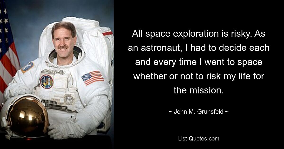 All space exploration is risky. As an astronaut, I had to decide each and every time I went to space whether or not to risk my life for the mission. — © John M. Grunsfeld