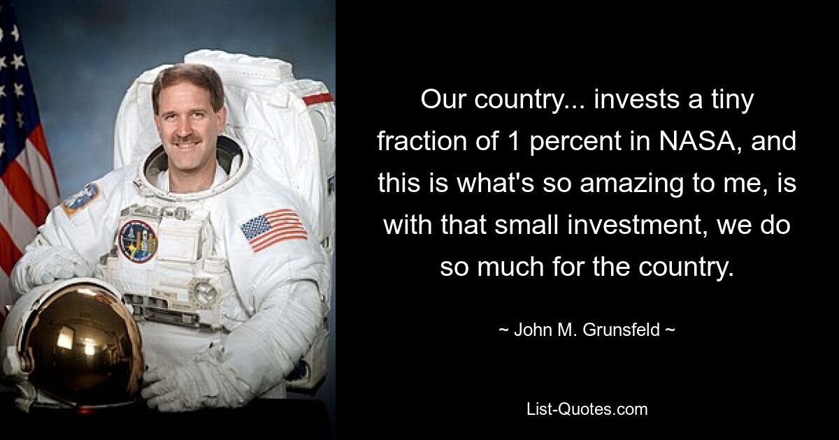 Our country... invests a tiny fraction of 1 percent in NASA, and this is what's so amazing to me, is with that small investment, we do so much for the country. — © John M. Grunsfeld