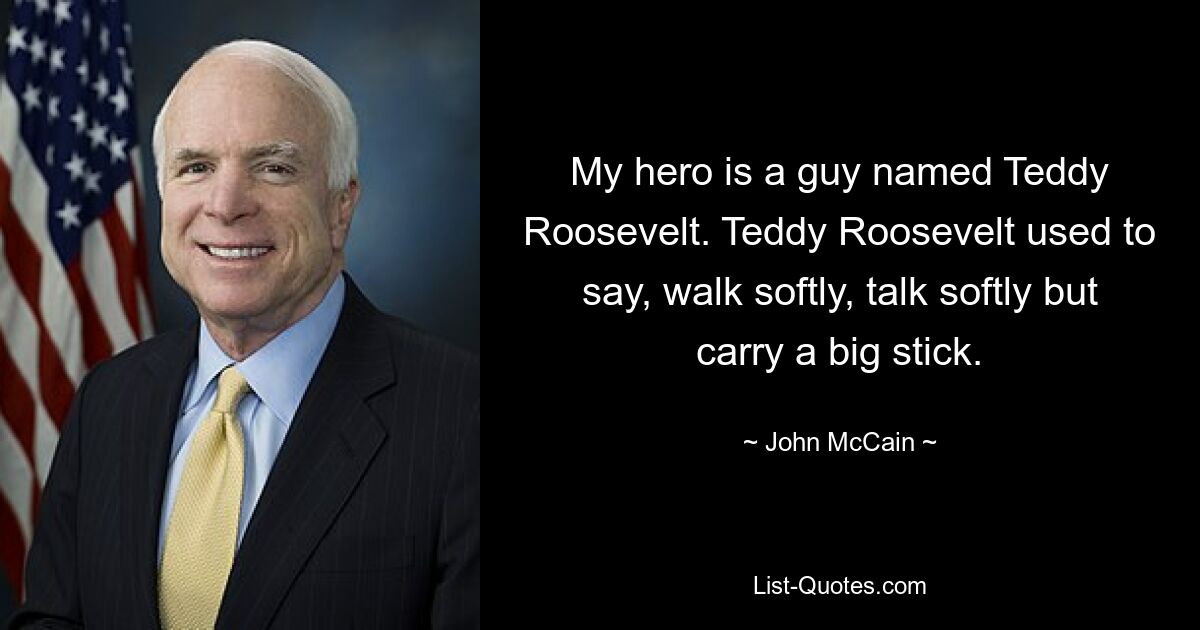 My hero is a guy named Teddy Roosevelt. Teddy Roosevelt used to say, walk softly, talk softly but carry a big stick. — © John McCain