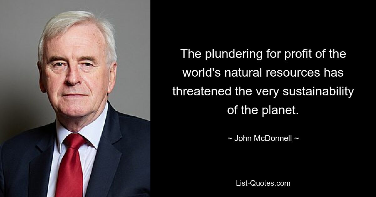 The plundering for profit of the world's natural resources has threatened the very sustainability of the planet. — © John McDonnell