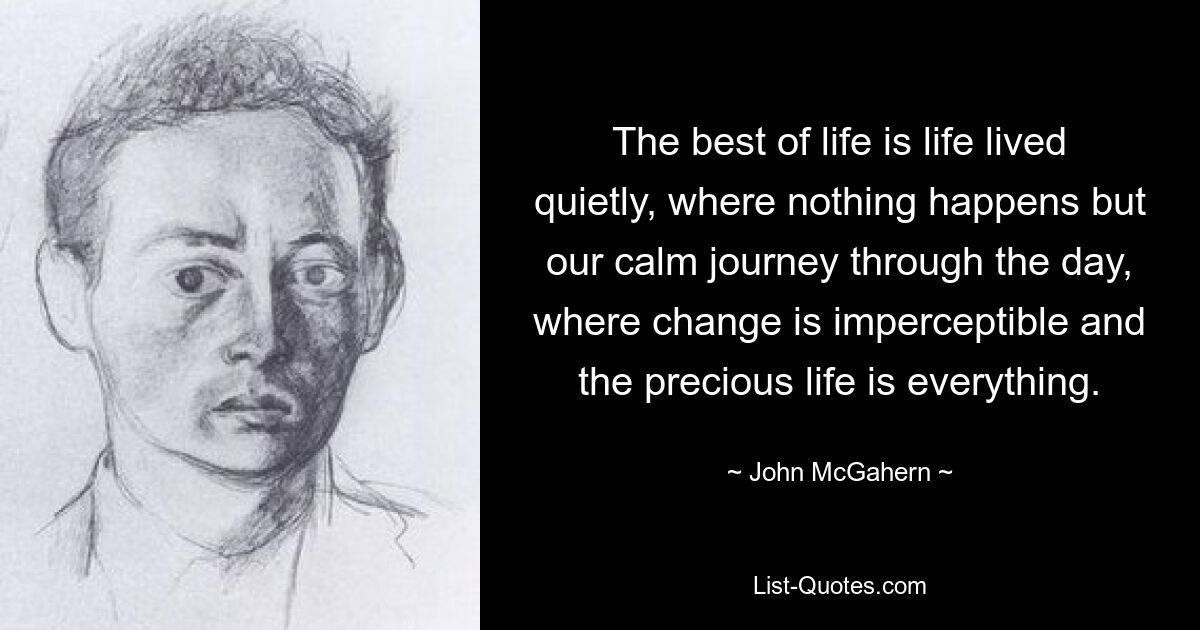 The best of life is life lived quietly, where nothing happens but our calm journey through the day, where change is imperceptible and the precious life is everything. — © John McGahern