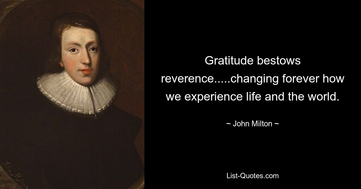 Gratitude bestows reverence.....changing forever how we experience life and the world. — © John Milton