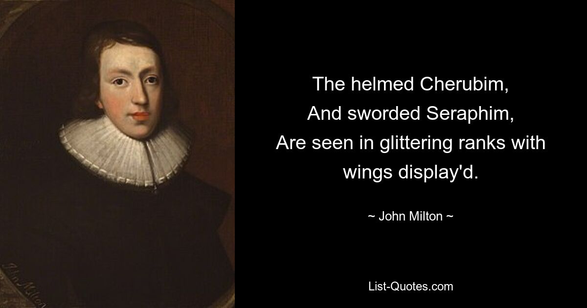 The helmed Cherubim,
And sworded Seraphim,
Are seen in glittering ranks with wings display'd. — © John Milton