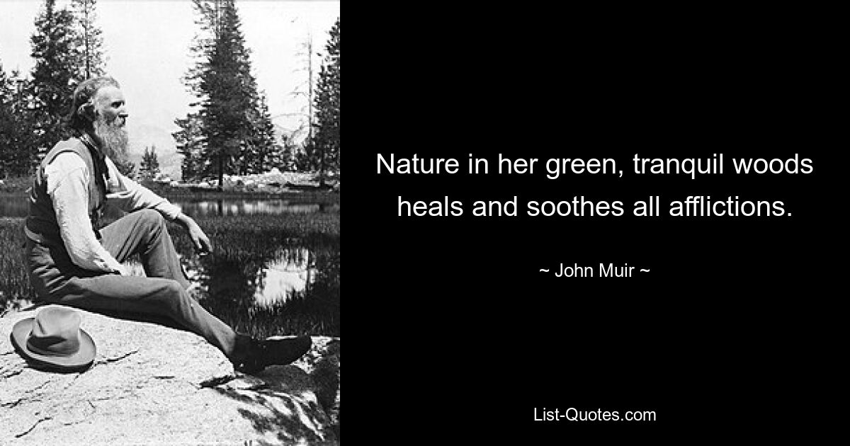 Nature in her green, tranquil woods heals and soothes all afflictions. — © John Muir