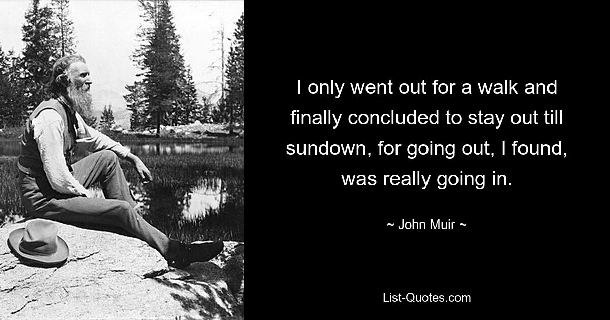 I only went out for a walk and finally concluded to stay out till sundown, for going out, I found, was really going in. — © John Muir