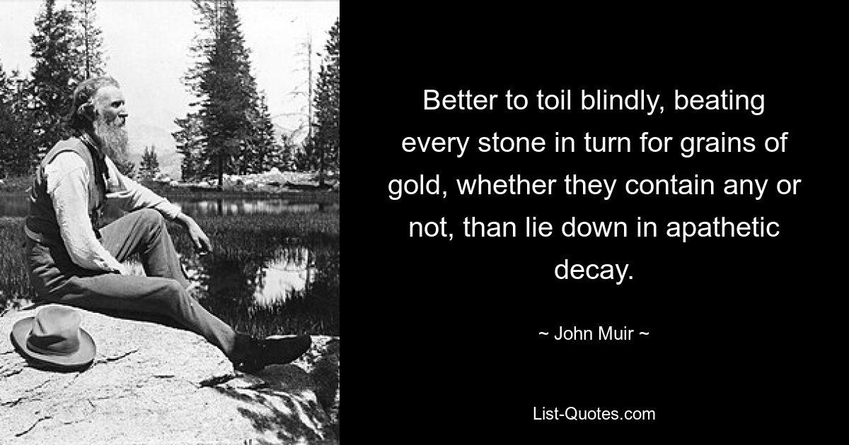 Better to toil blindly, beating every stone in turn for grains of gold, whether they contain any or not, than lie down in apathetic decay. — © John Muir