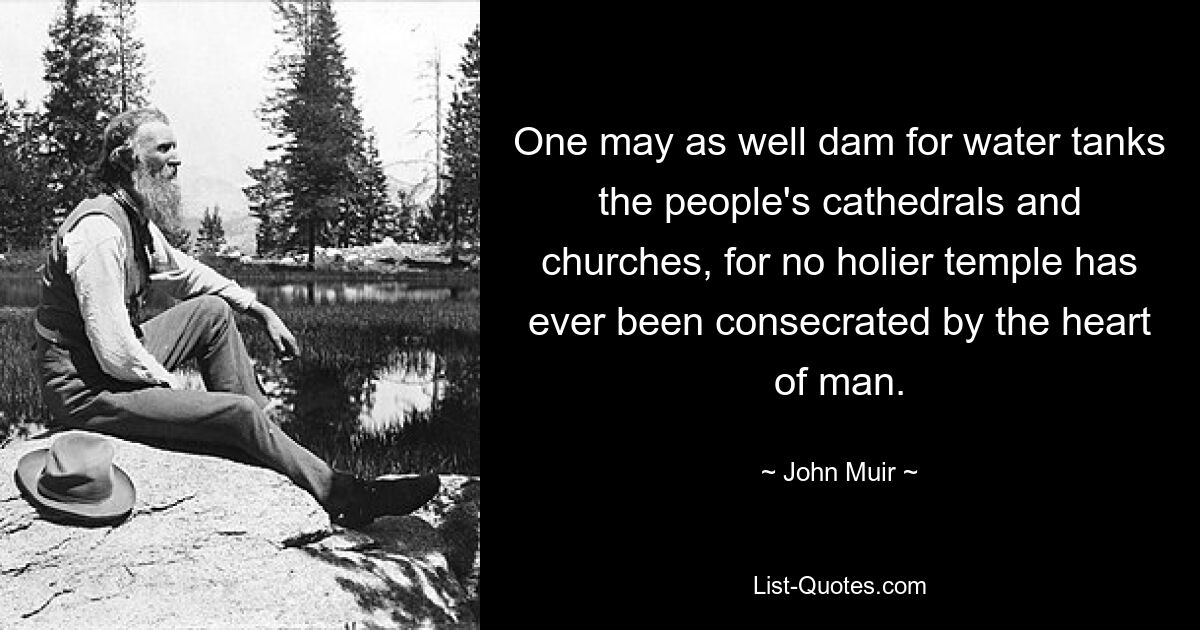 One may as well dam for water tanks the people's cathedrals and churches, for no holier temple has ever been consecrated by the heart of man. — © John Muir