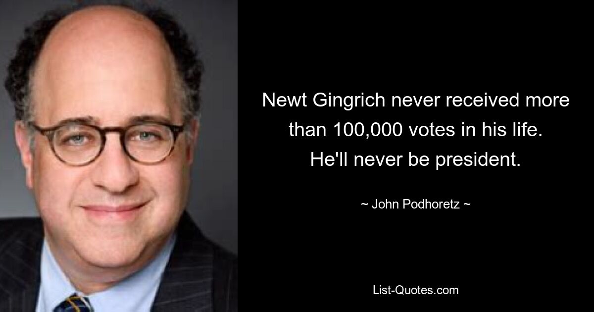 Newt Gingrich never received more than 100,000 votes in his life. He'll never be president. — © John Podhoretz