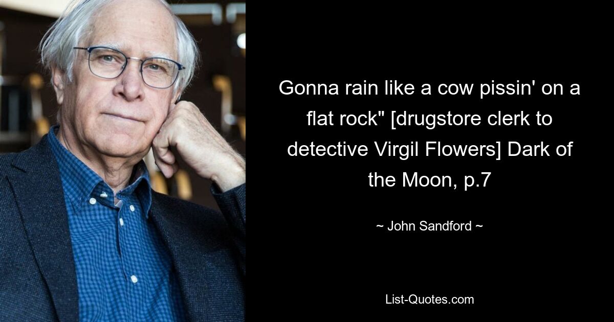 Gonna rain like a cow pissin' on a flat rock" [drugstore clerk to detective Virgil Flowers] Dark of the Moon, p.7 — © John Sandford