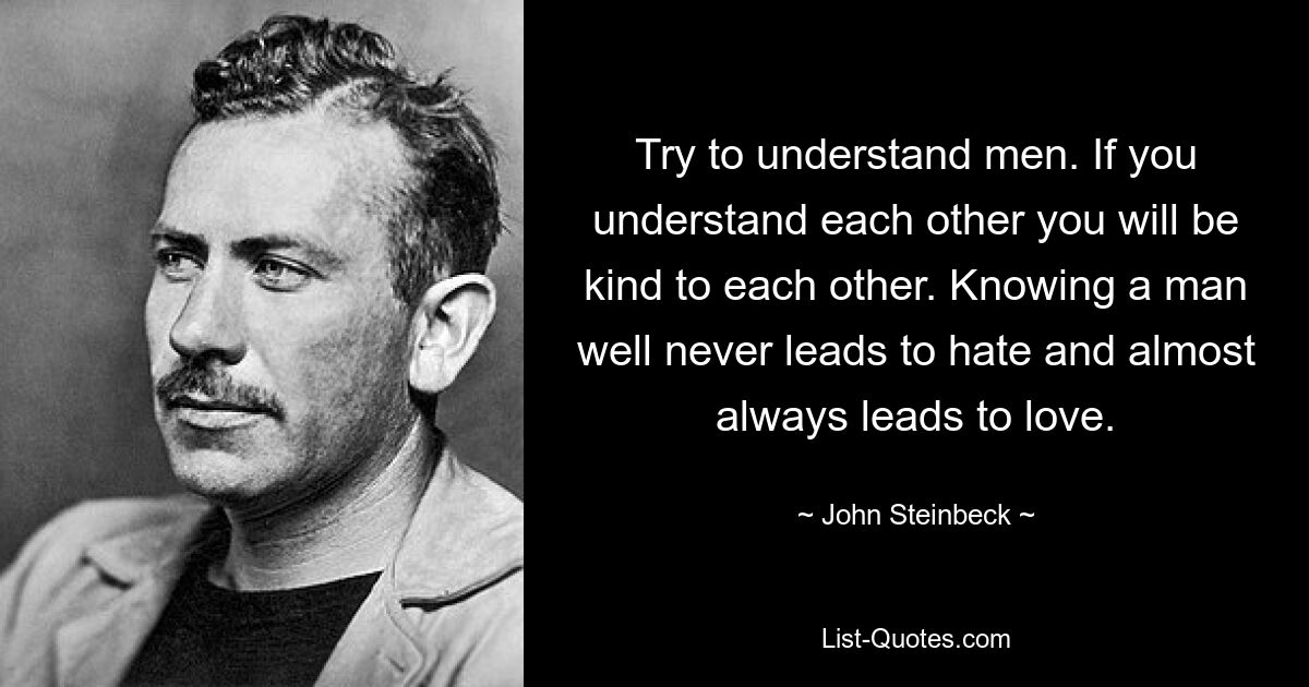 Try to understand men. If you understand each other you will be kind to each other. Knowing a man well never leads to hate and almost always leads to love. — © John Steinbeck