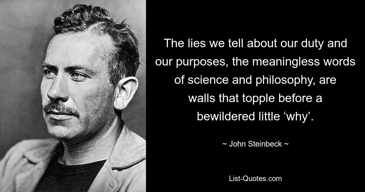 The lies we tell about our duty and our purposes, the meaningless words of science and philosophy, are walls that topple before a bewildered little ‘why’. — © John Steinbeck