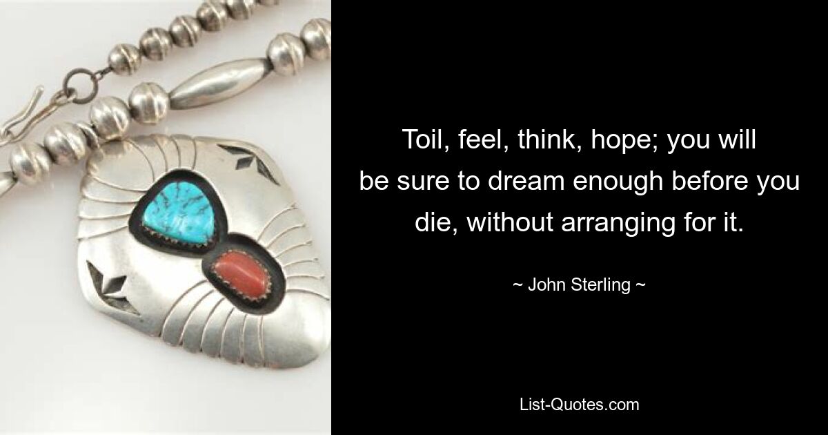 Toil, feel, think, hope; you will be sure to dream enough before you die, without arranging for it. — © John Sterling