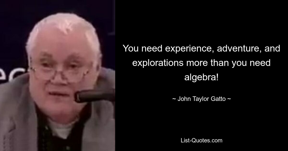 You need experience, adventure, and explorations more than you need algebra! — © John Taylor Gatto