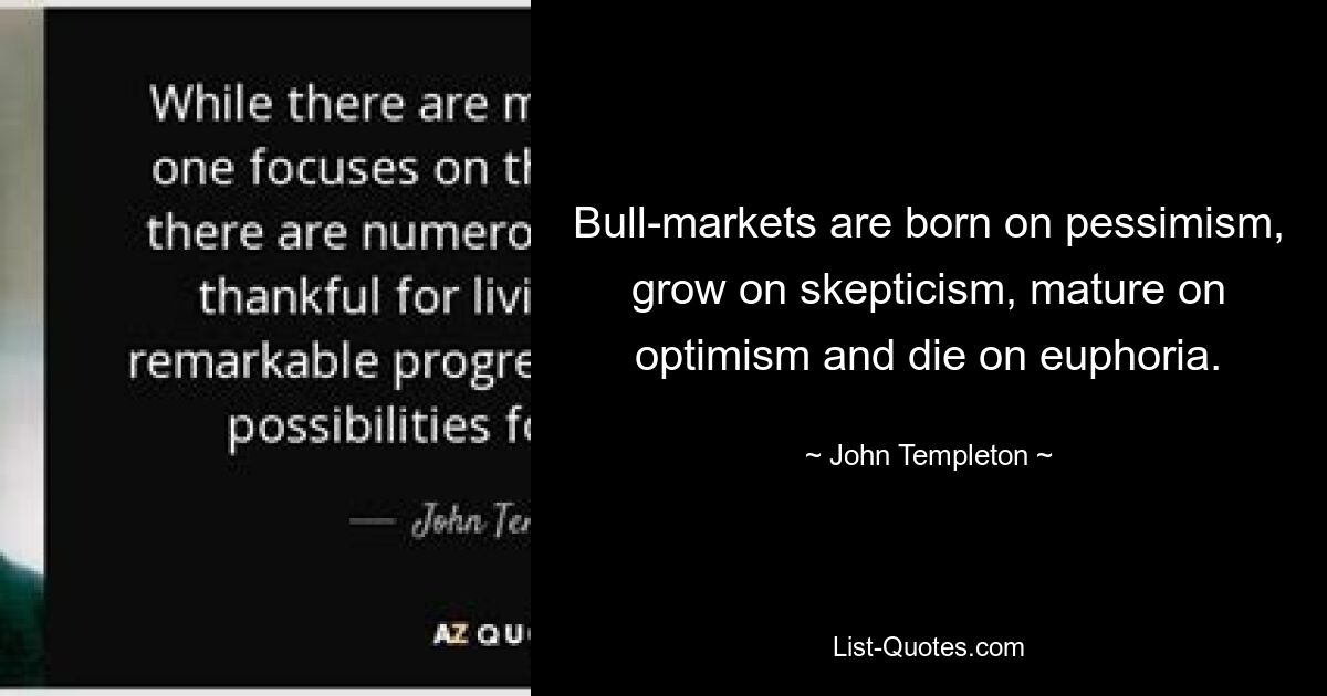 Bull-markets are born on pessimism, grow on skepticism, mature on optimism and die on euphoria. — © John Templeton