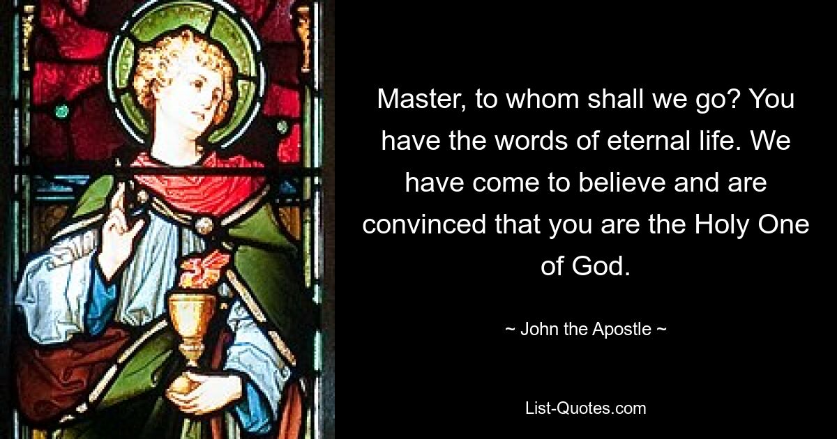 Master, to whom shall we go? You have the words of eternal life. We have come to believe and are convinced that you are the Holy One of God. — © John the Apostle