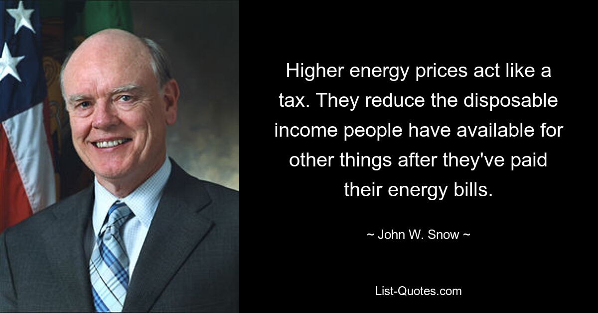 Higher energy prices act like a tax. They reduce the disposable income people have available for other things after they've paid their energy bills. — © John W. Snow