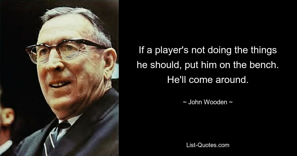 If a player's not doing the things he should, put him on the bench. He'll come around. — © John Wooden