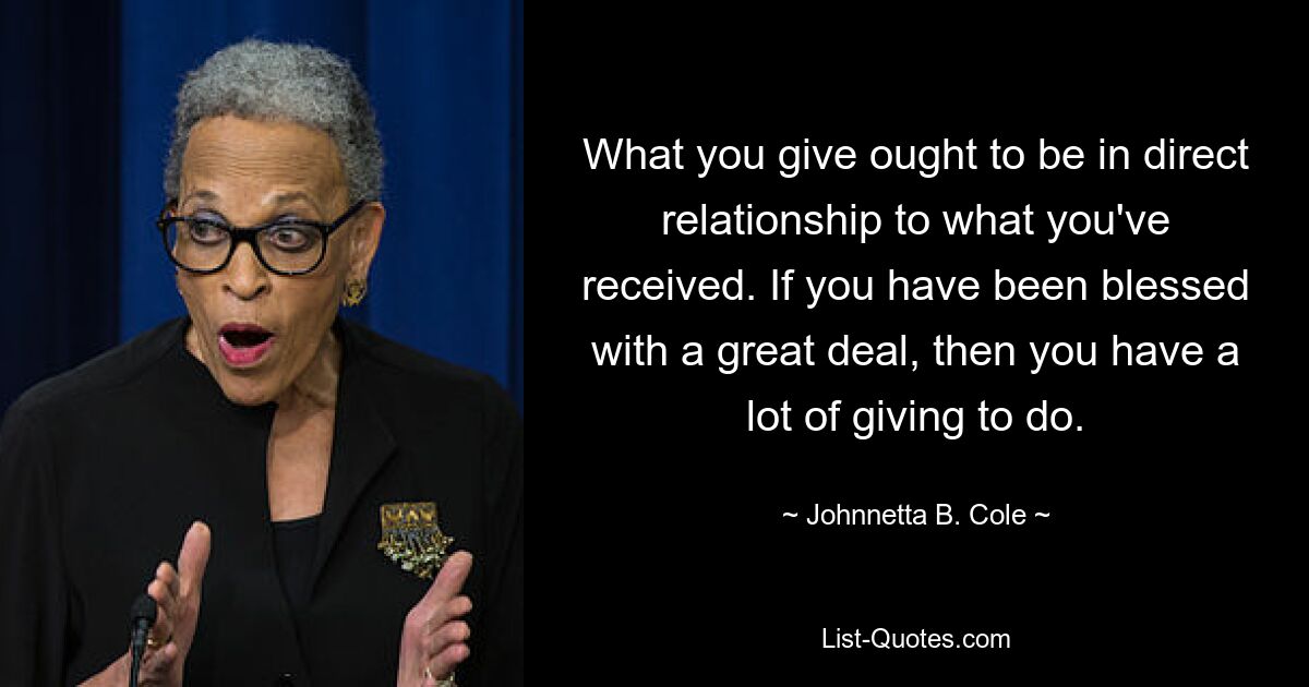 What you give ought to be in direct relationship to what you've received. If you have been blessed with a great deal, then you have a lot of giving to do. — © Johnnetta B. Cole