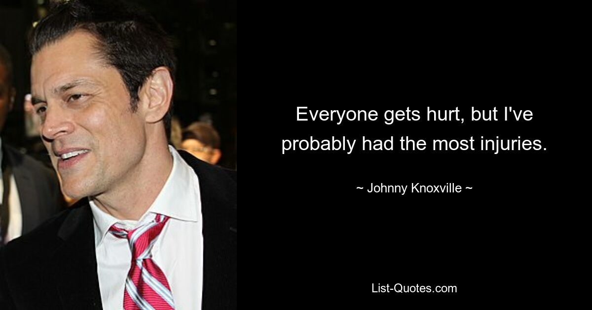 Everyone gets hurt, but I've probably had the most injuries. — © Johnny Knoxville