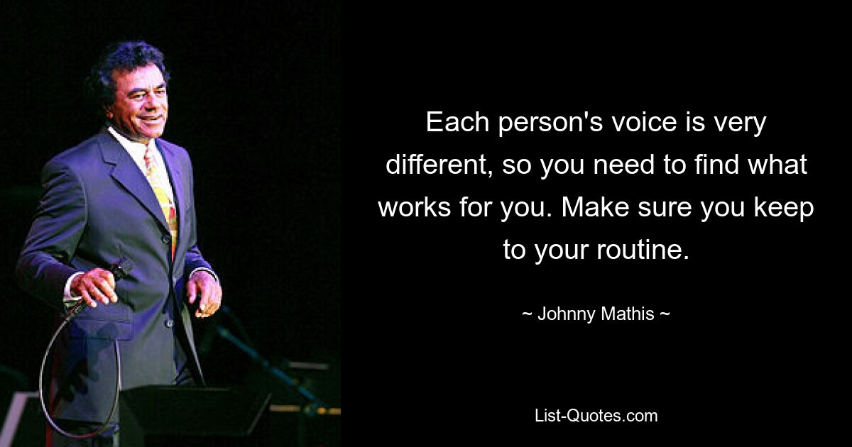 Each person's voice is very different, so you need to find what works for you. Make sure you keep to your routine. — © Johnny Mathis