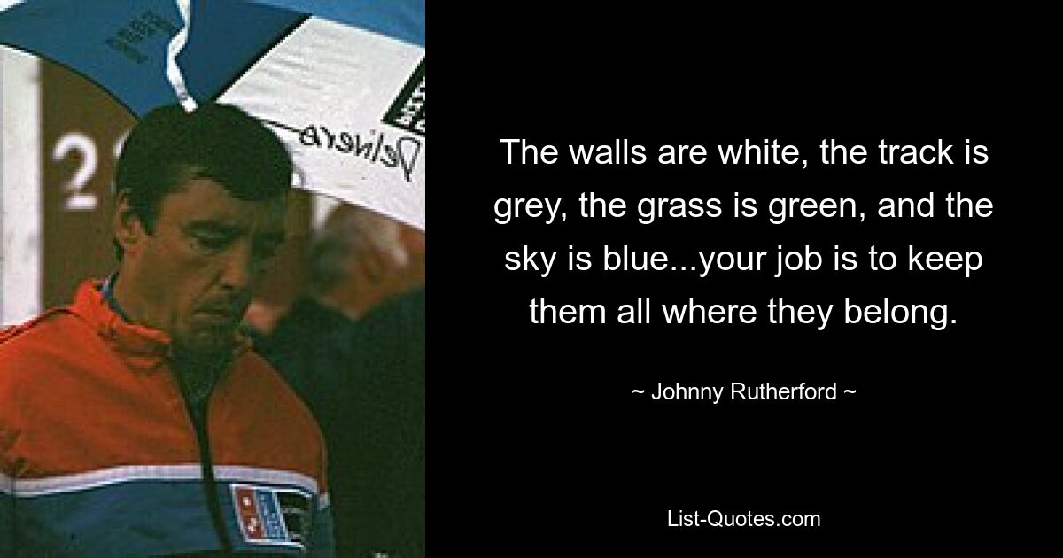 The walls are white, the track is grey, the grass is green, and the sky is blue...your job is to keep them all where they belong. — © Johnny Rutherford