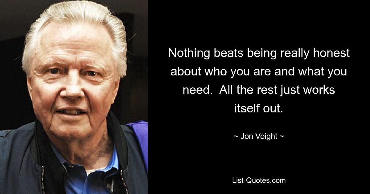 Nothing beats being really honest about who you are and what you need.  All the rest just works itself out. — © Jon Voight