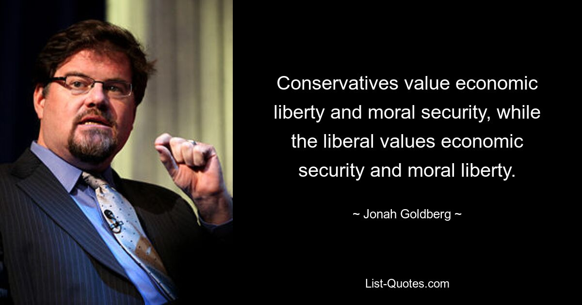 Conservatives value economic liberty and moral security, while the liberal values economic security and moral liberty. — © Jonah Goldberg