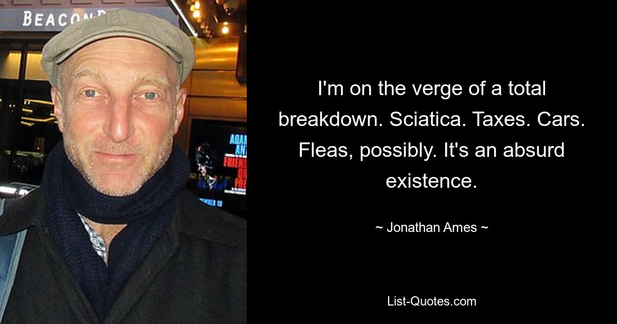 I'm on the verge of a total breakdown. Sciatica. Taxes. Cars. Fleas, possibly. It's an absurd existence. — © Jonathan Ames