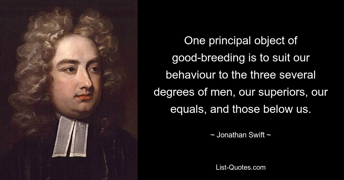 One principal object of good-breeding is to suit our behaviour to the three several degrees of men, our superiors, our equals, and those below us. — © Jonathan Swift