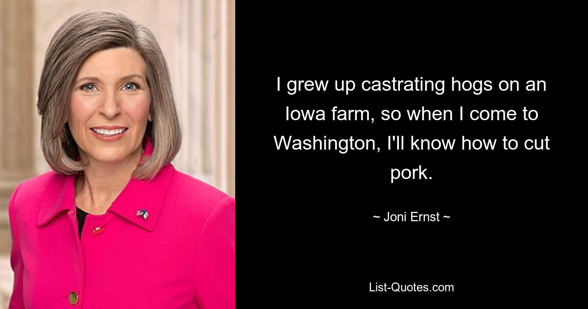 I grew up castrating hogs on an Iowa farm, so when I come to Washington, I'll know how to cut pork. — © Joni Ernst