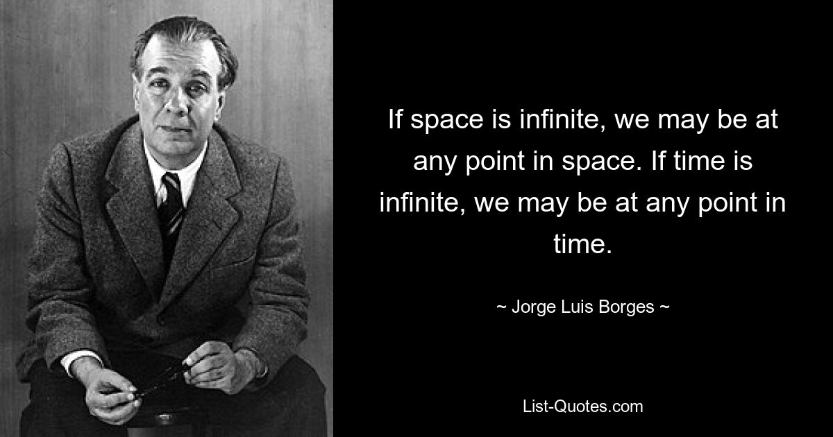 If space is infinite, we may be at any point in space. If time is infinite, we may be at any point in time. — © Jorge Luis Borges