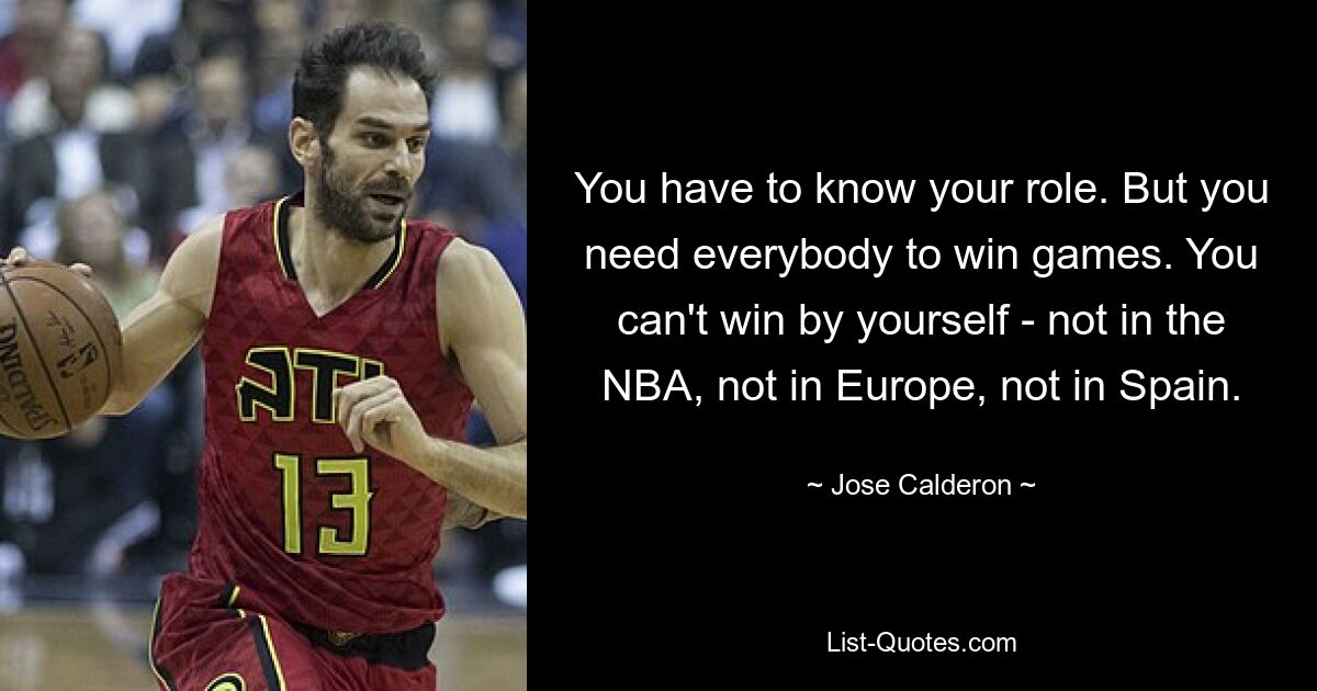 You have to know your role. But you need everybody to win games. You can't win by yourself - not in the NBA, not in Europe, not in Spain. — © Jose Calderon