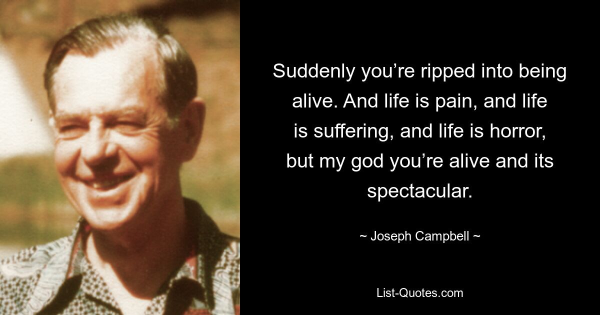 Suddenly you’re ripped into being alive. And life is pain, and life is suffering, and life is horror, but my god you’re alive and its spectacular. — © Joseph Campbell