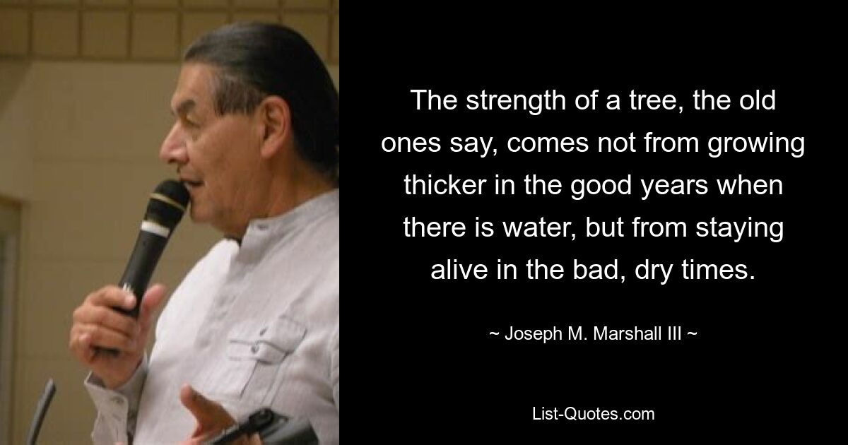 The strength of a tree, the old ones say, comes not from growing thicker in the good years when there is water, but from staying alive in the bad, dry times. — © Joseph M. Marshall III