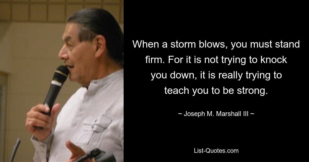 When a storm blows, you must stand firm. For it is not trying to knock you down, it is really trying to teach you to be strong. — © Joseph M. Marshall III