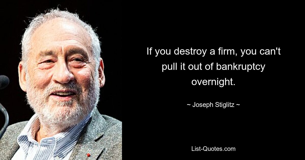 If you destroy a firm, you can't pull it out of bankruptcy overnight. — © Joseph Stiglitz