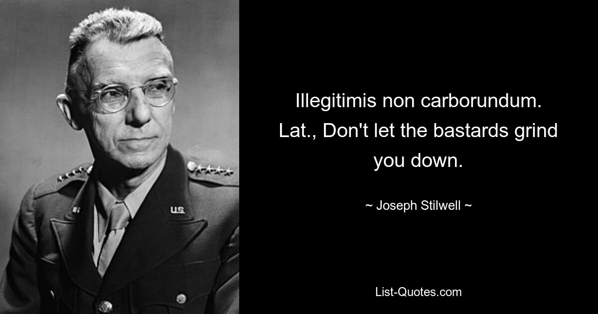 Illegitimis non carborundum.
Lat., Don't let the bastards grind you down. — © Joseph Stilwell