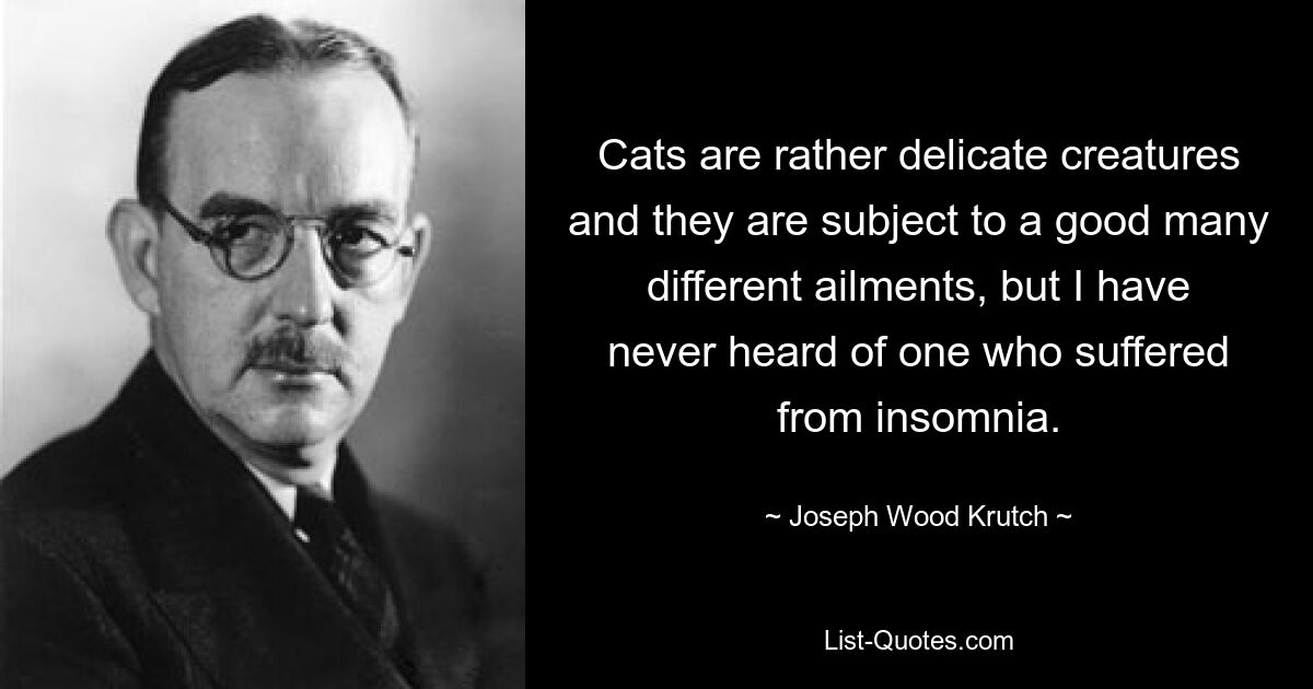 Cats are rather delicate creatures and they are subject to a good many different ailments, but I have never heard of one who suffered from insomnia. — © Joseph Wood Krutch