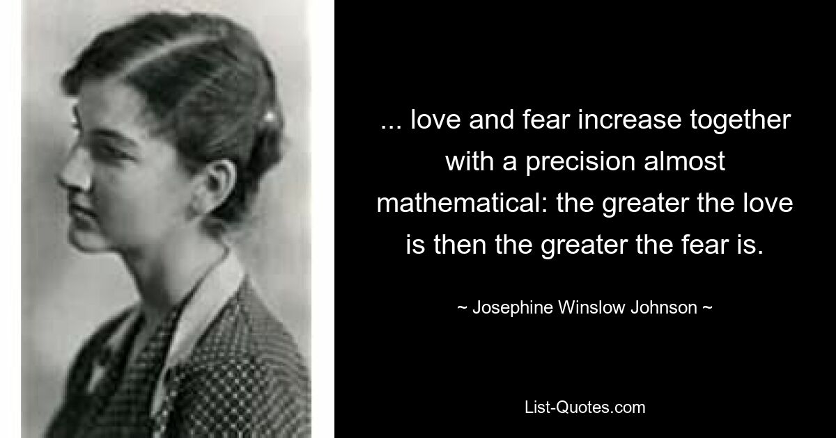 ... love and fear increase together with a precision almost mathematical: the greater the love is then the greater the fear is. — © Josephine Winslow Johnson