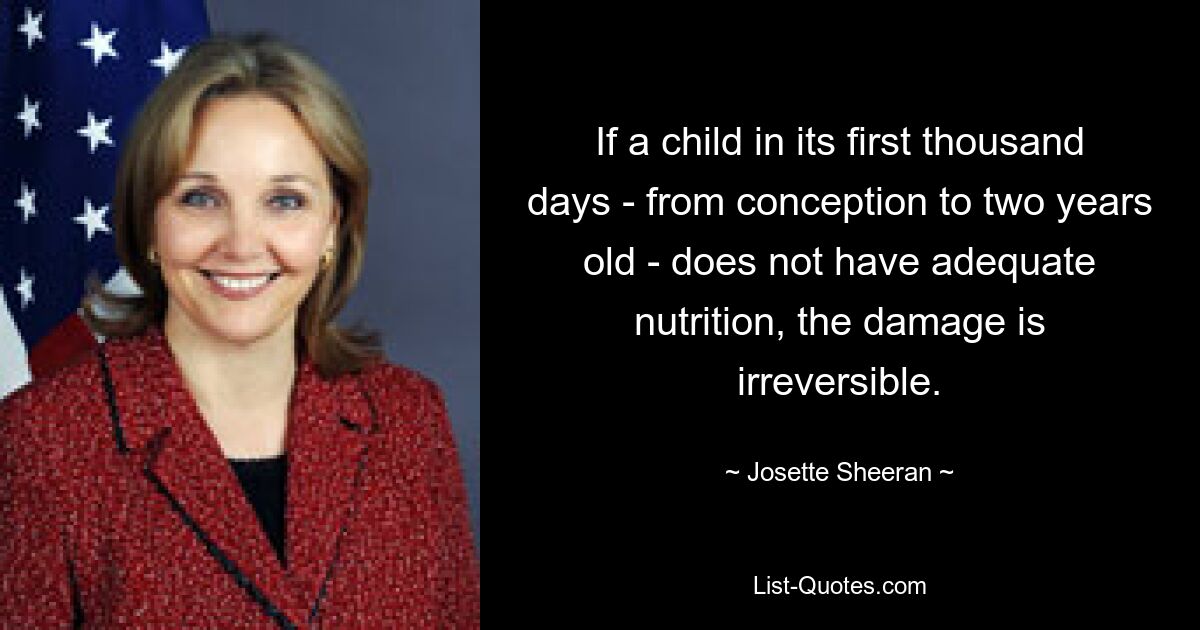 If a child in its first thousand days - from conception to two years old - does not have adequate nutrition, the damage is irreversible. — © Josette Sheeran