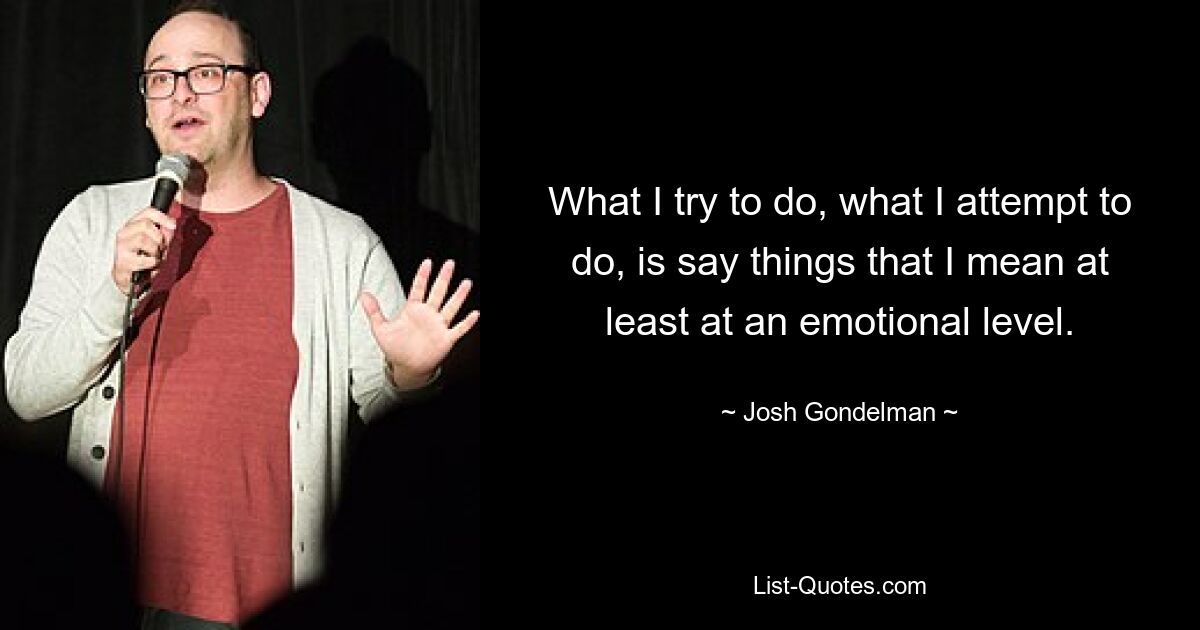 What I try to do, what I attempt to do, is say things that I mean at least at an emotional level. — © Josh Gondelman