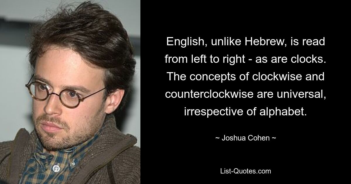 English, unlike Hebrew, is read from left to right - as are clocks. The concepts of clockwise and counterclockwise are universal, irrespective of alphabet. — © Joshua Cohen