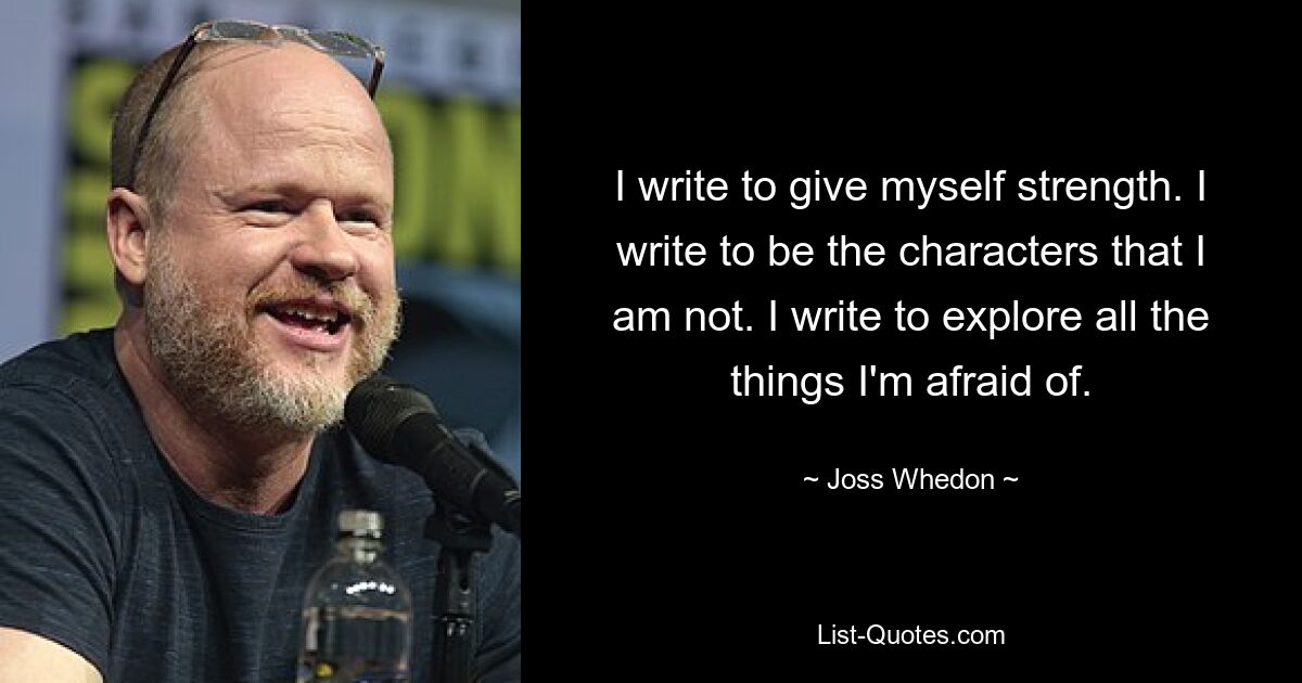 I write to give myself strength. I write to be the characters that I am not. I write to explore all the things I'm afraid of. — © Joss Whedon