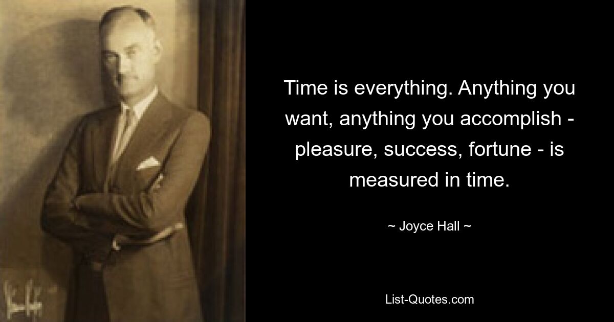 Time is everything. Anything you want, anything you accomplish - pleasure, success, fortune - is measured in time. — © Joyce Hall