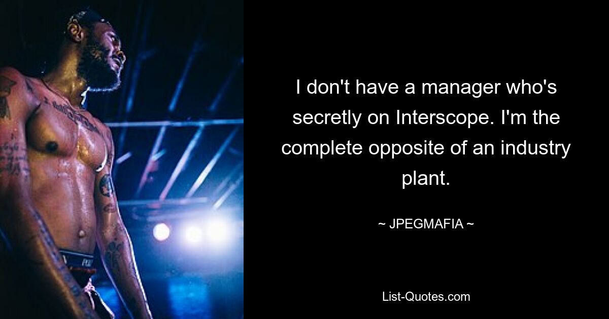 I don't have a manager who's secretly on Interscope. I'm the complete opposite of an industry plant. — © JPEGMAFIA