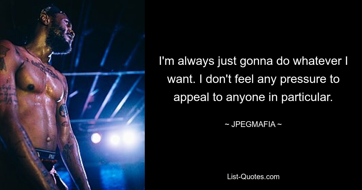 I'm always just gonna do whatever I want. I don't feel any pressure to appeal to anyone in particular. — © JPEGMAFIA