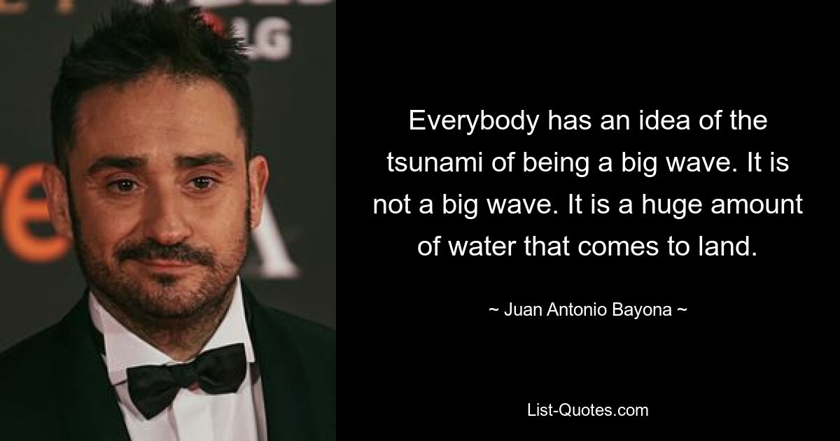 Everybody has an idea of the tsunami of being a big wave. It is not a big wave. It is a huge amount of water that comes to land. — © Juan Antonio Bayona